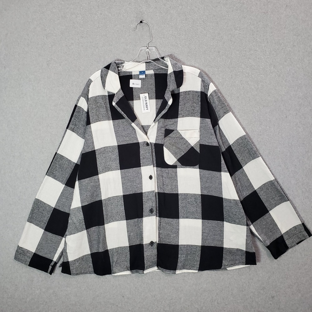 Old Navy Women Sleepwear 2X White Plaid‎ Button Up Shirt Long Sleeve Flannel NWT